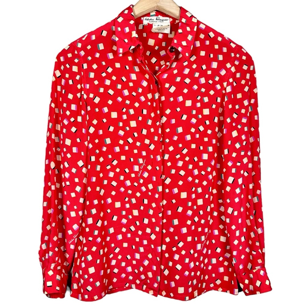 FERRAGAMO Vintage Silk Logo Printed Long Sleeve Button Down Top